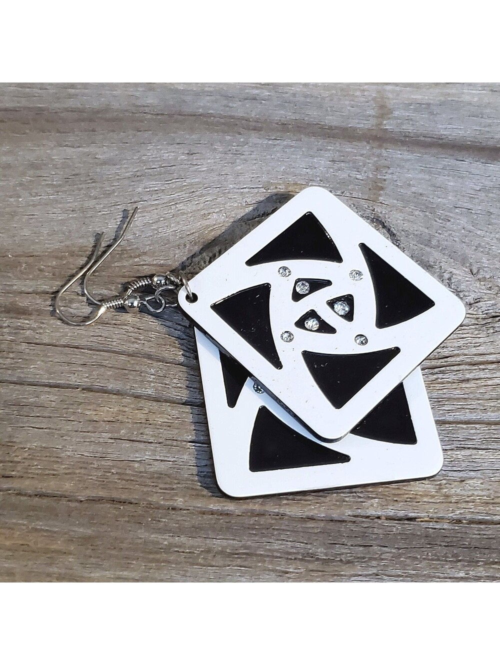 Vintage Y2K White Black Lucite Austrian Crystal Large Diamond Rhombus Earrings - Picture 5 of 10